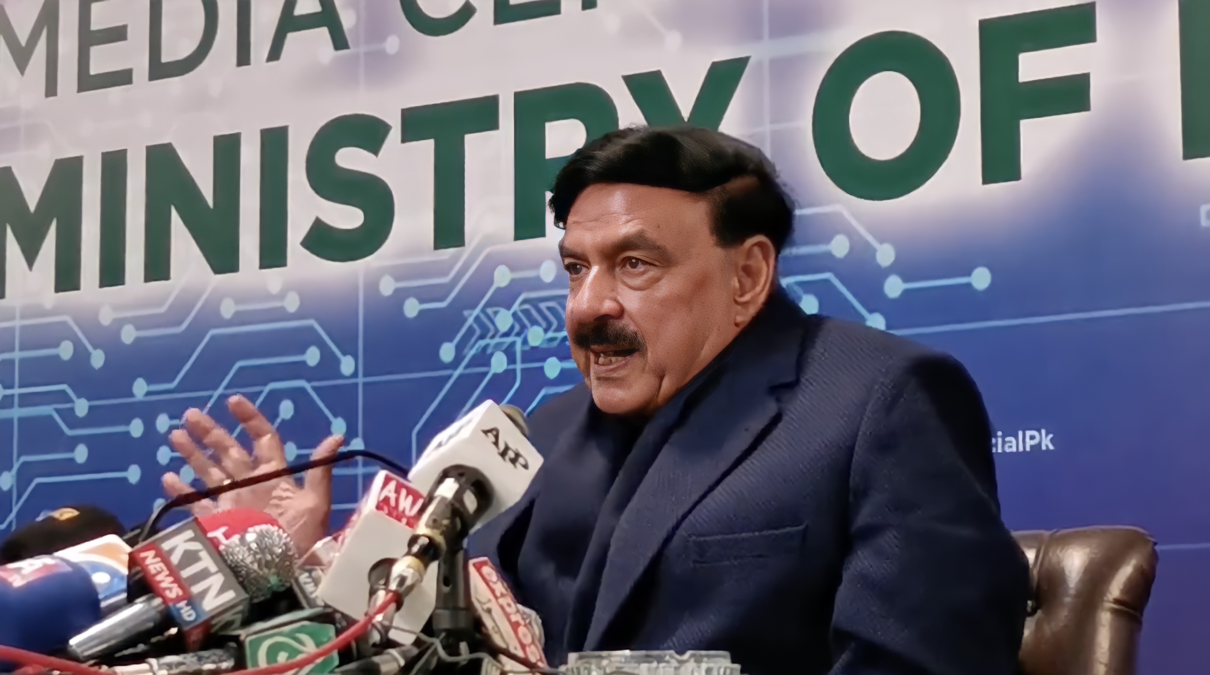 Pakistan's Federal Interior Minister, Sheikh Rashid Ahmed addresses a press briefing in Islamabad, Pakistan on February 2, 2022. (Screengrab)