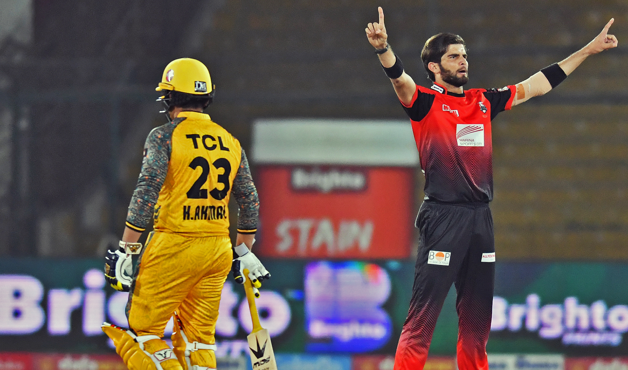 Lahore Qalandars' Shaheen Afridi celebrates after dismissing a Peshawar Zalmi batsman during a Pakistan Super League cricket match at the National Stadium in Karachi, Pakistan on February 2, 2022. (Photo courtesy: Pakistan Cricket Board)