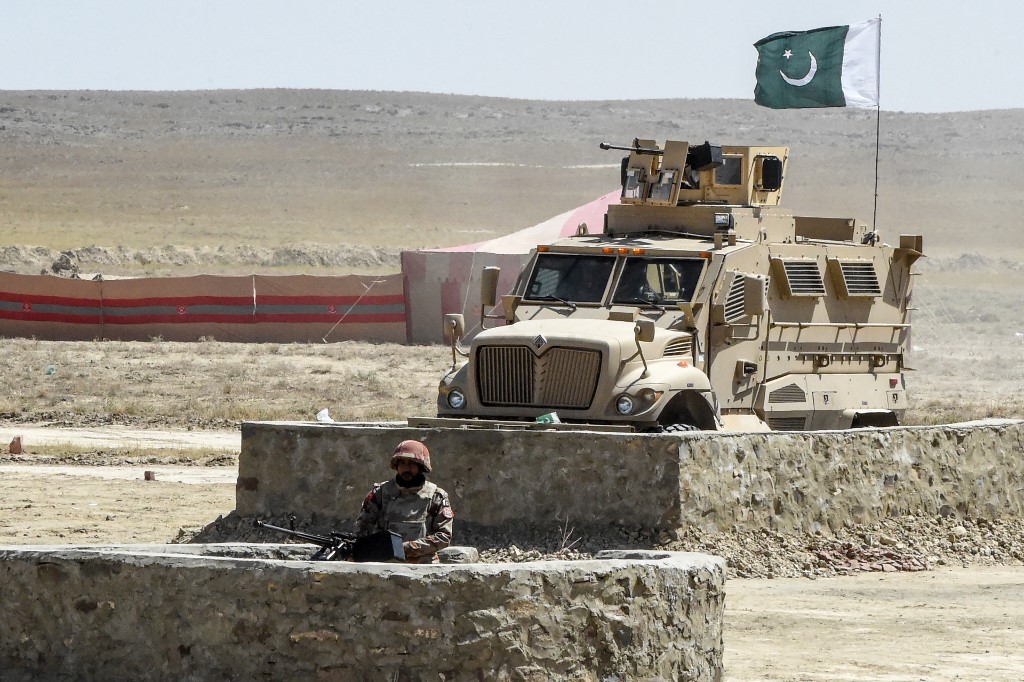 Security personnel of Pakistan's Frontier Corps stand guard in a bunker near the newly inaugurated Badini Trade Terminal Gateway, a border crossing point between Pakistan and Afghanistan at the Pakistan's border town of Qila Saifullah in the southwestern province of Balochistan on September 16, 2020. (AFP/ File)