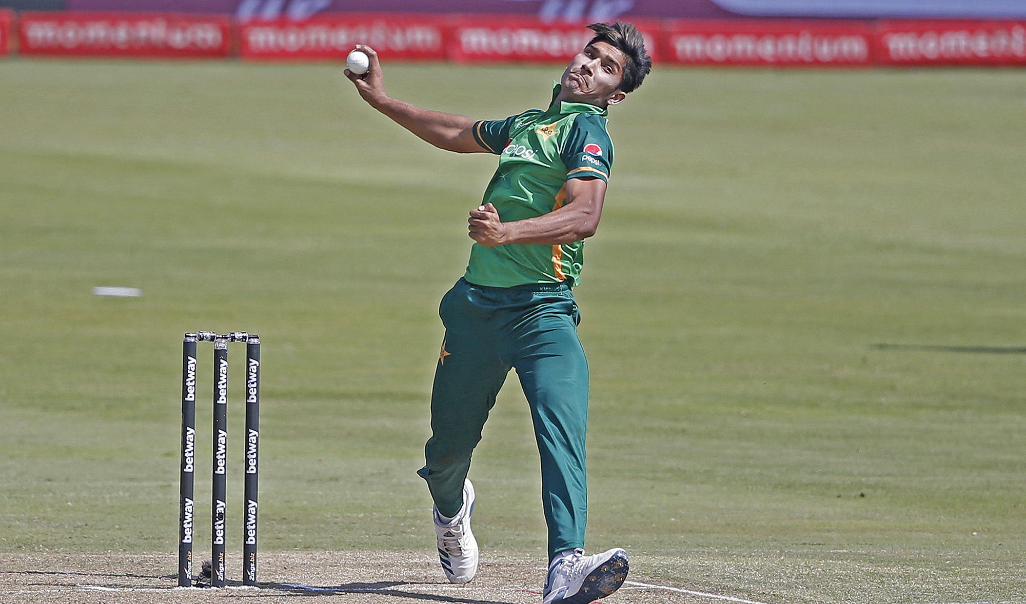 Pakistan's Mohammad Hasnain delivers a ball during the first one-day international (ODI) cricket match between South Africa and Pakistan at SuperSport Park in Centurion on April 2, 2021. (AFP/File)
