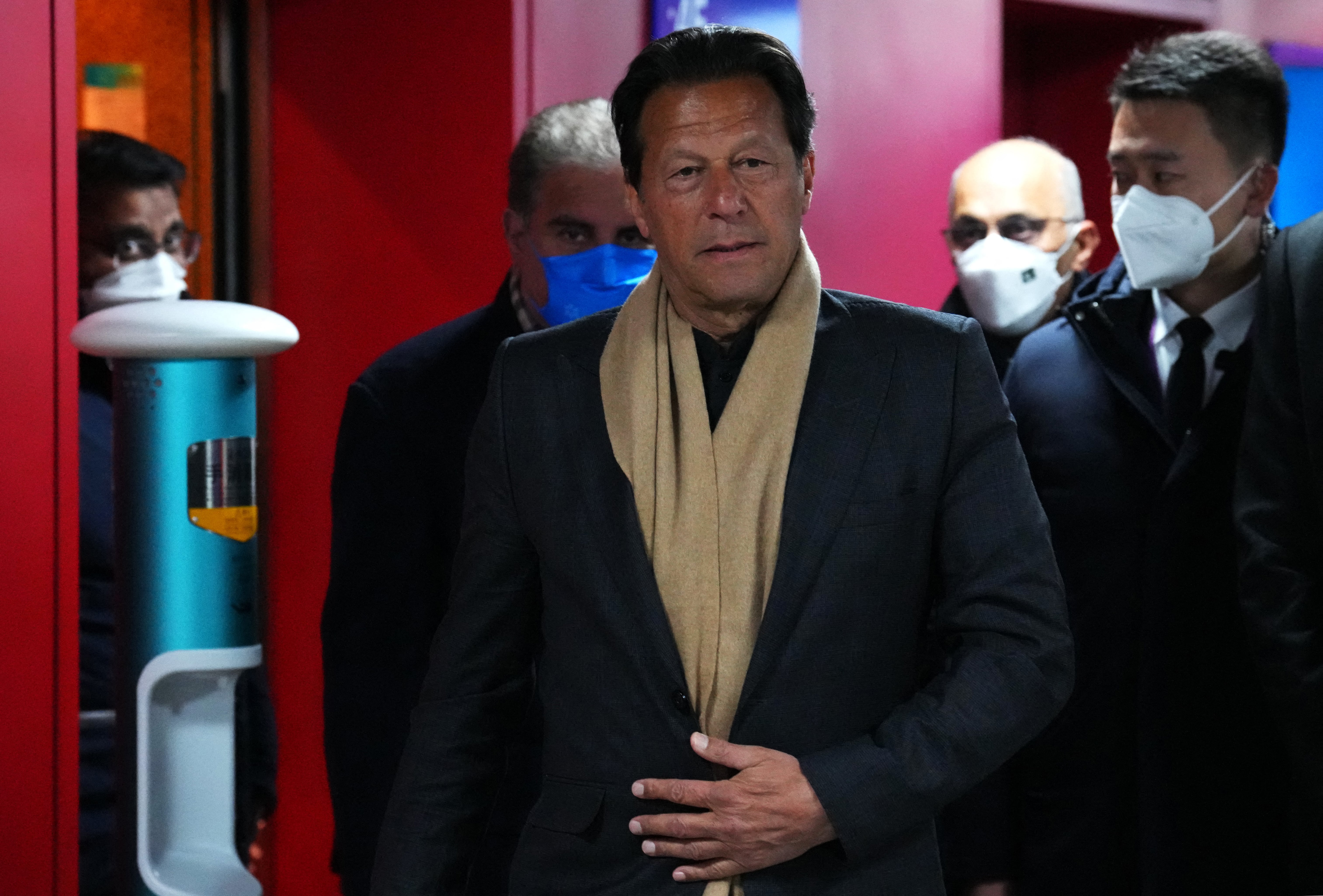 Pakistan's Prime Minister Imran Khan arrives at the National Stadium, known as the Bird's Nest, in Beijing, for the opening ceremony of the Beijing 2022 Winter Olympic Games on February 4, 2022. (AFP)
