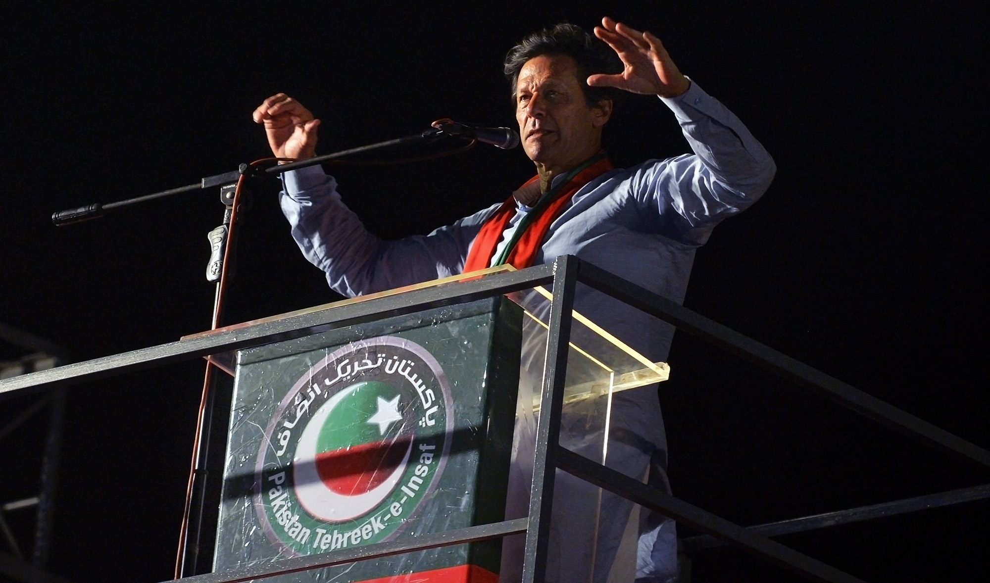 Chairman Pakistan Tehreek-e-Insaf Imran Khan speaks to supporters during a campaign rally ahead of the general election in Karachi, Pakistan, on July 22, 2018. (AFP/File)