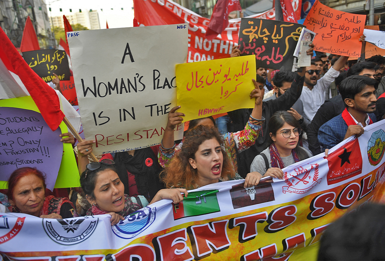 Protesters participate in a demonstration demanding the reinstatement of student unions, tuition fee cuts and better education facilities in Karachi, Pakistan, on November 29, 2019. (AFP/File)