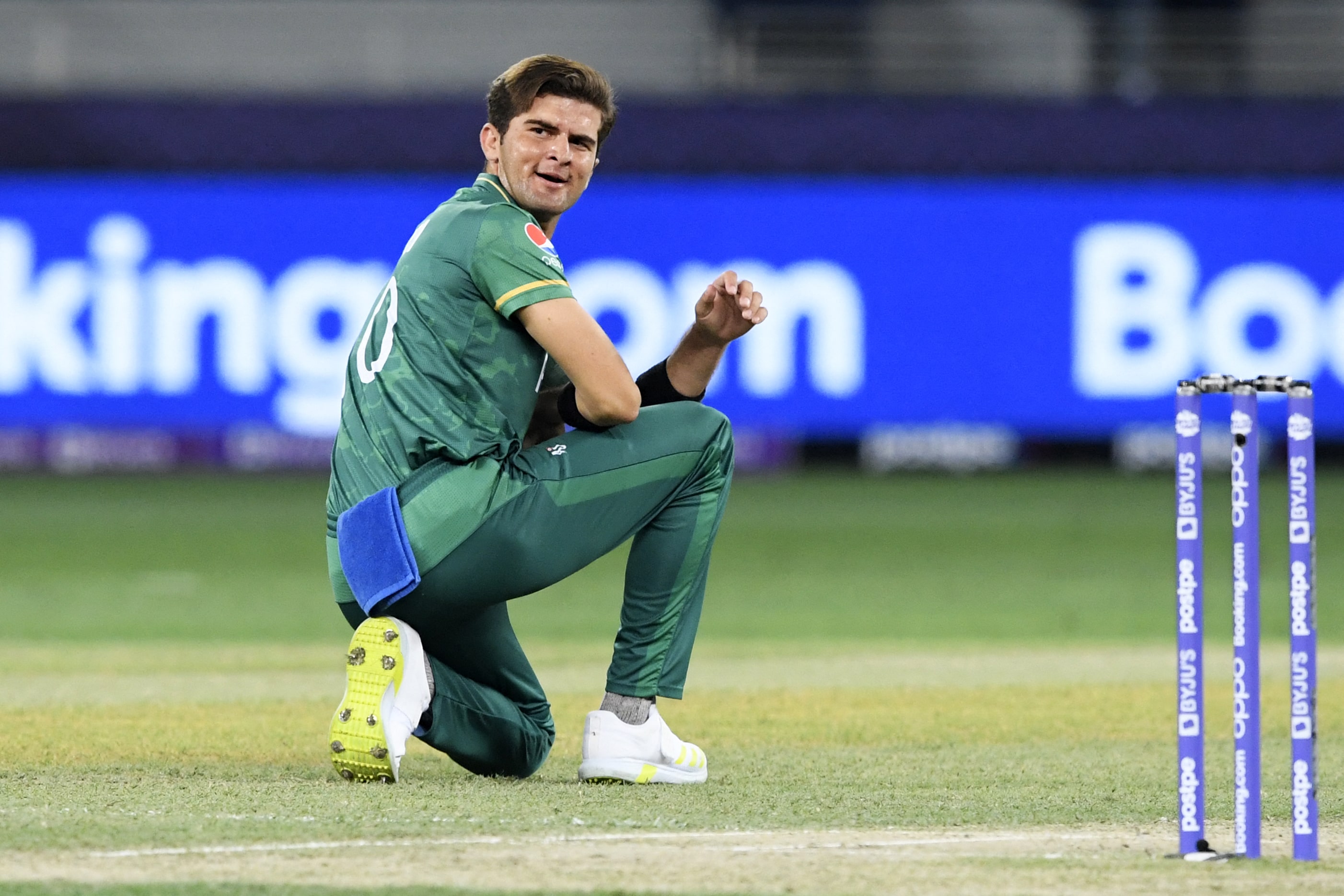 Pakistan's Shaheen Shah Afridi reacts during the ICC men’s Twenty20 World Cup cricket match between Afghanistan and Pakistan at the Dubai International Cricket Stadium in Dubai on October 29, 2021. (AFP/ File)