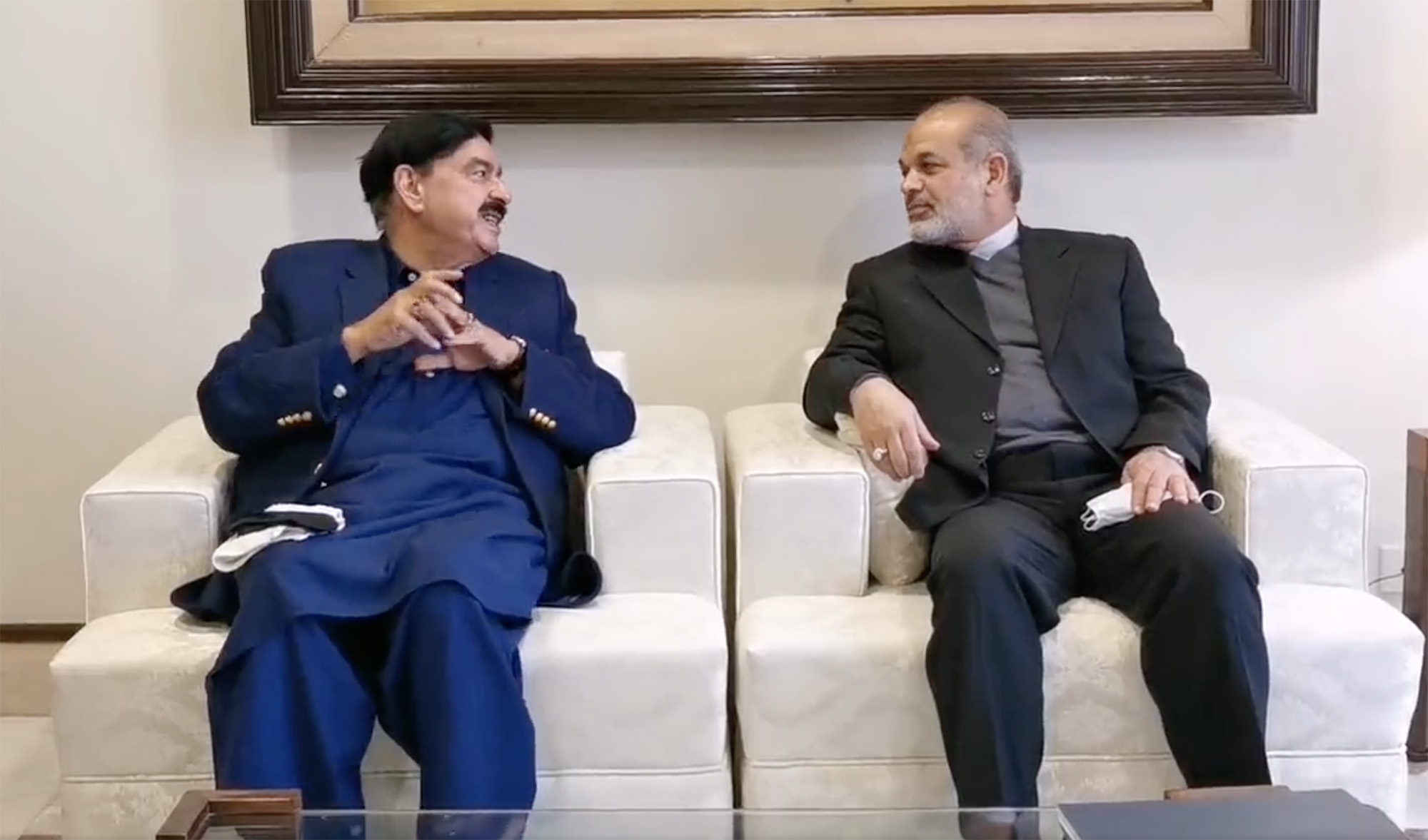 Pakistan Interior Minister Shaikh Rashid Ahmed, left, with his Iranian counterpart in Islamabad on February 14, 2022. (Photo courtesy: Pakistan Ministry of Interior)