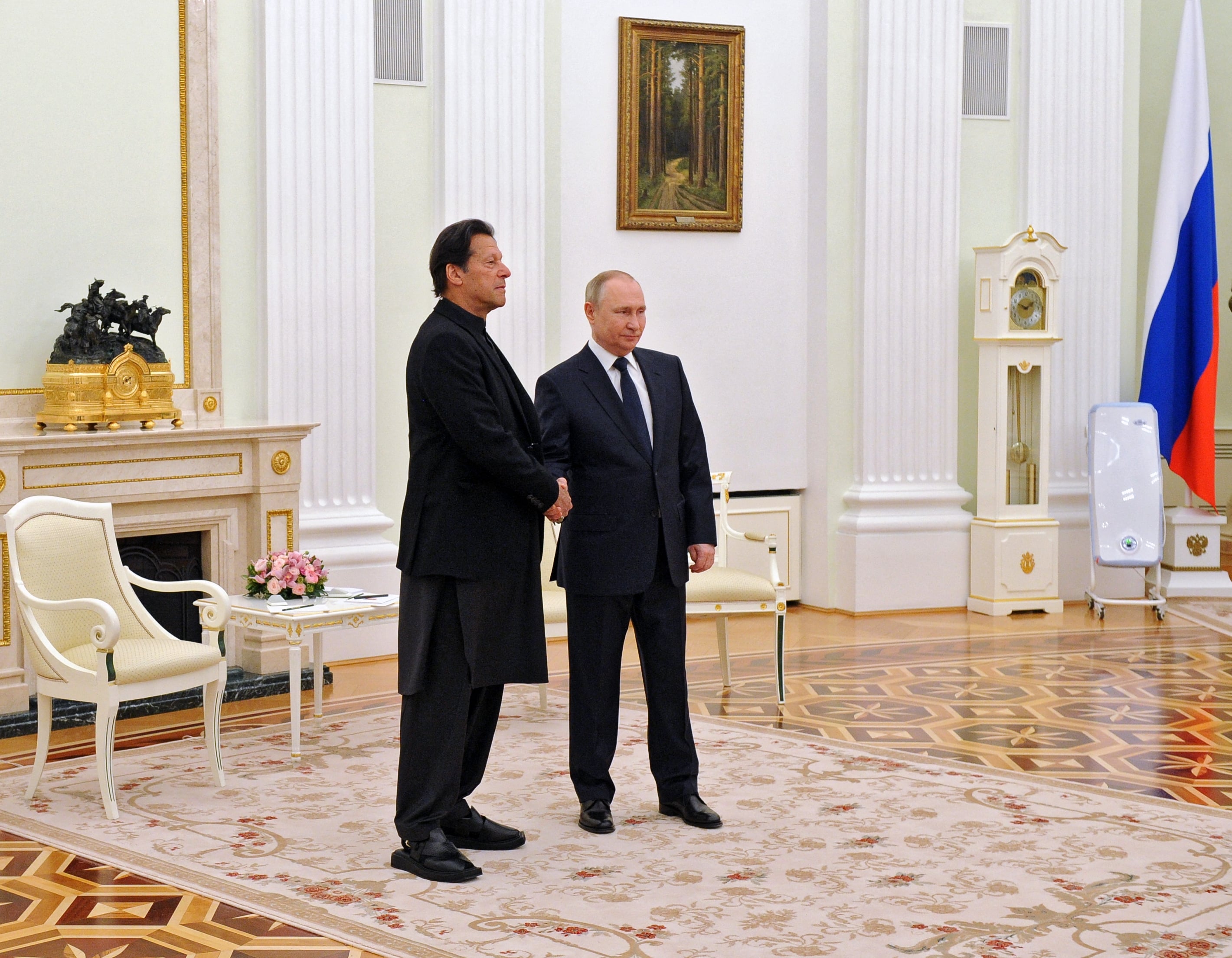 Russian President Vladimir Putin meets with Pakistan's Prime Minister Imran Khan at the Kremlin in Moscow on February 24, 2022. (AFP)