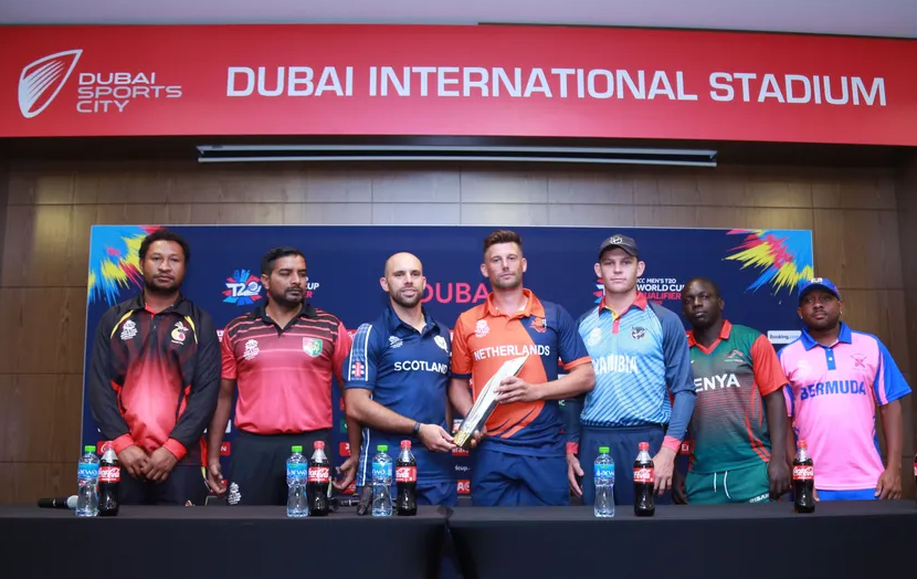 The seven captains of the teams pooled in Group A of the ICC Men’s T20 World Cup Qualifier 2019 at the Dubai International Stadium on October 12, 2019. (ICC)