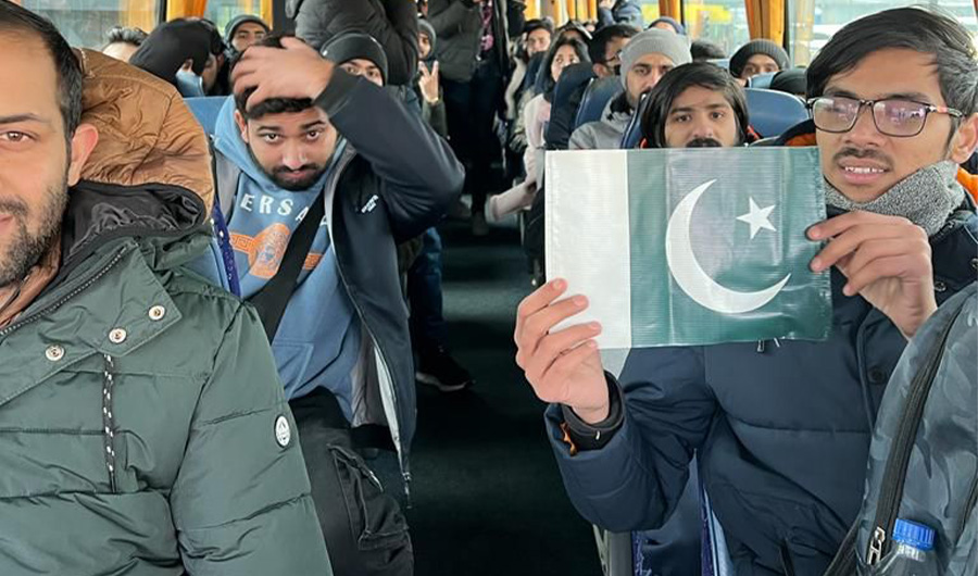 This photo shows a group of Pakistani students seated in a bus before being evacuated from Ukraine after Russian invasion on Feb 26, 2022. (Photo courtesy: Pakistan's Foreign Ministry)