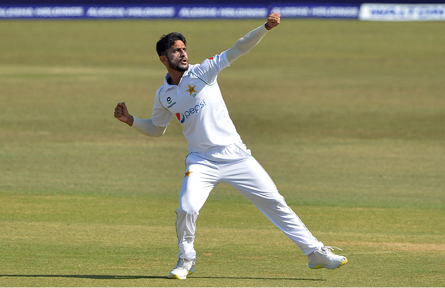Pakistan's Hasan Ali celebrates after taking the wicket of Bangladesh's Mushfiqur Rahim (not pictured) in Chittagong on November 29, 2021. (AFP/FILE)