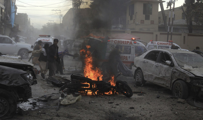 Pakistani rescue workers and volunteers help to remove victims at the site of a suicide bombing in Quetta, Pakistan, Feb. 17, 2020. (AP/FILE)
