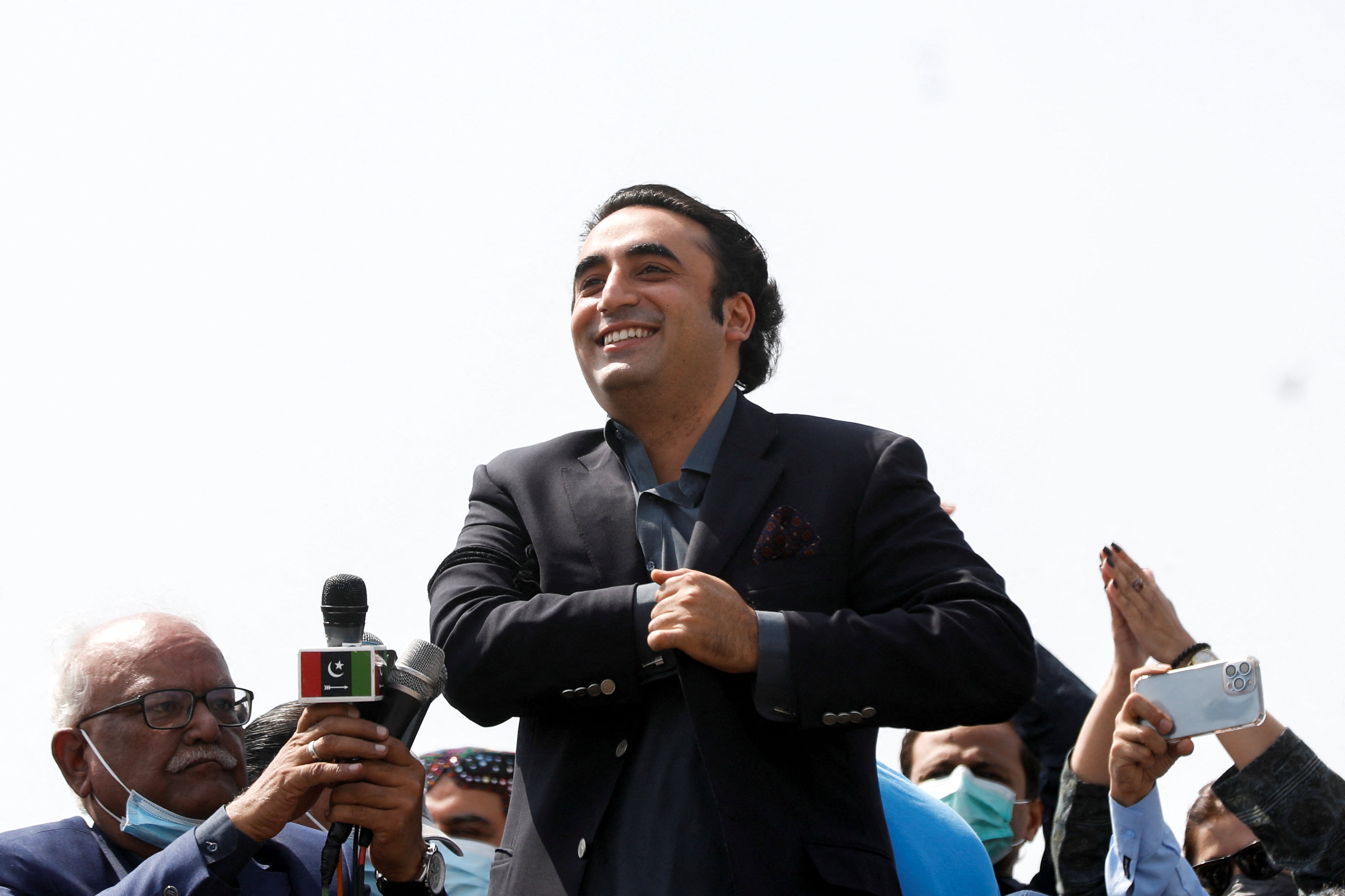 Bilawal Bhutto Zardari, chairman of the Pakistan People's Party (PPP), reacts as he kicks-off long march against the ruling government, in Karachi, Pakistan February 27, 2022. (REUTERS)