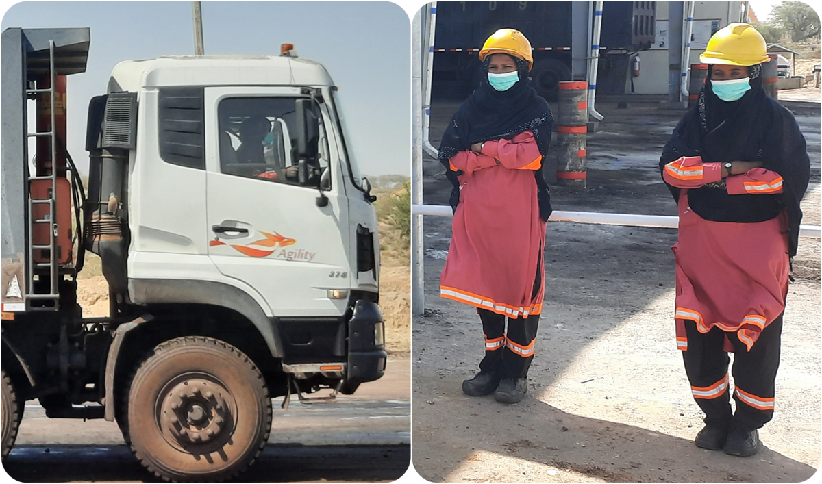 A group of female dump truck drivers pose for a picture at a coal mining site in Tharparkar, Pakistan, on February 22, 2022. (AN Photo by Khurshid Ahmed)