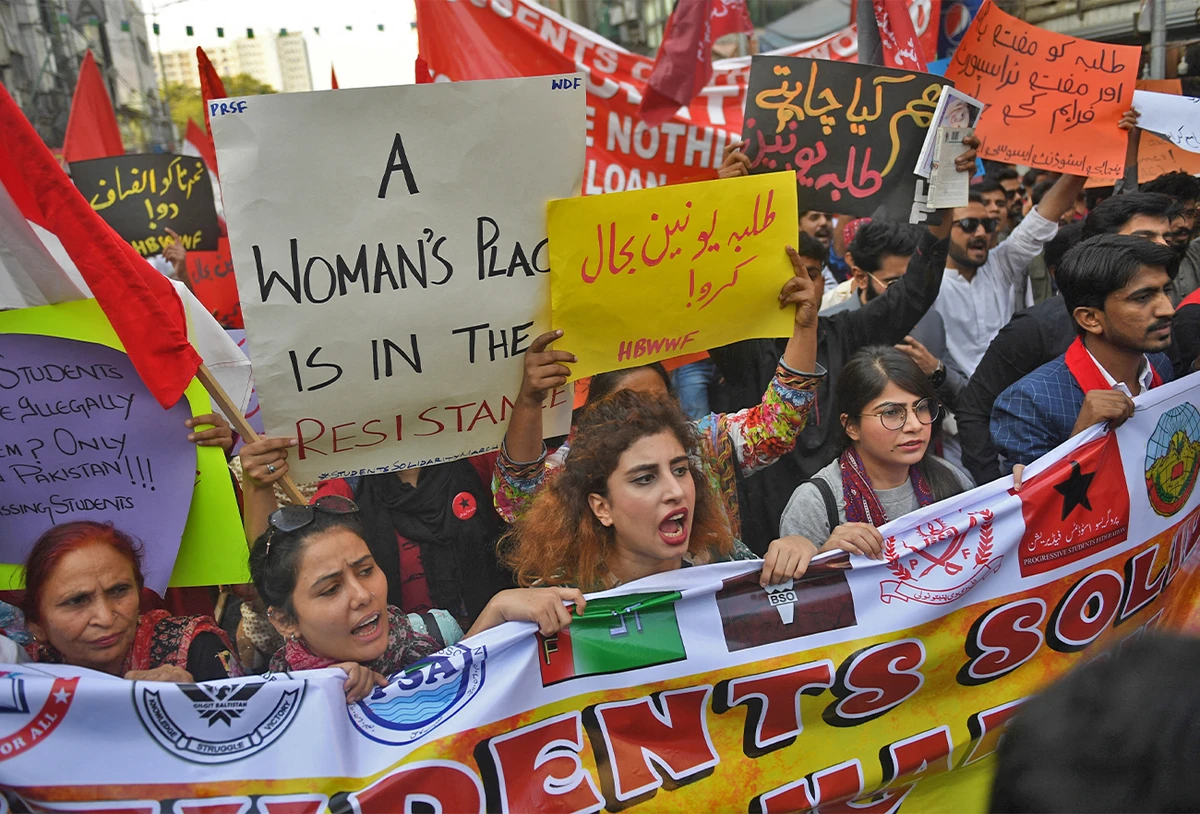 Protesters participate in a demonstration demanding the reinstatement of student unions, tuition fee cuts and better education facilities in Karachi, Pakistan, on November 29, 2019. (AFP/File)