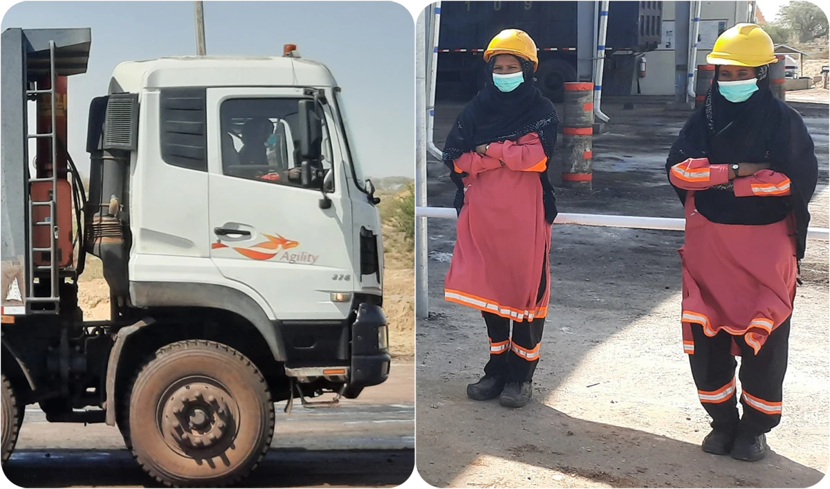 A group of female dump truck drivers pose for a picture at a coal mining site in Tharparkar, Pakistan, on February 22, 2022. (AN Photo by Khurshid Ahmed)