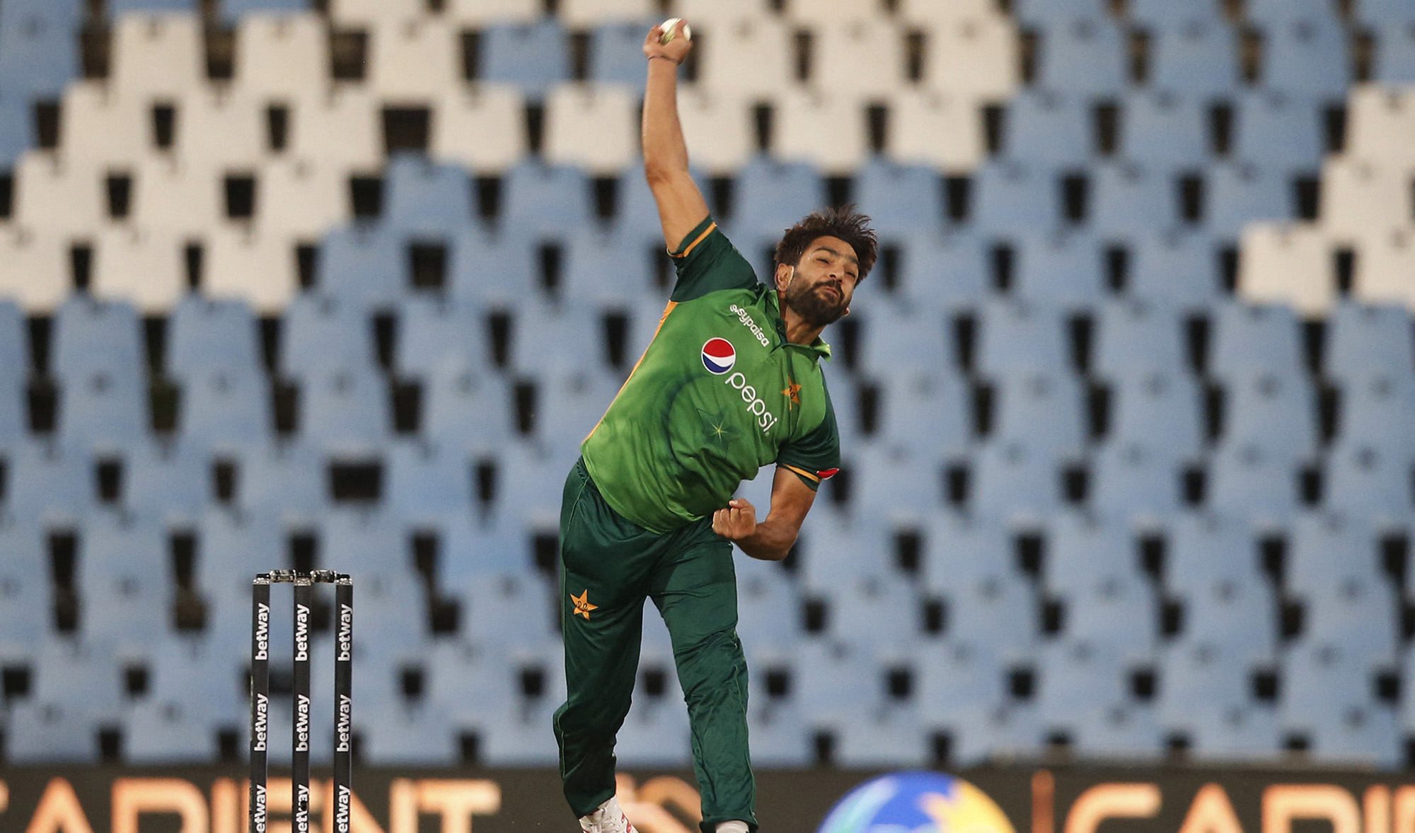Pakistan's Haris Rauf delivers a ball during the third one-day international (ODI) cricket match between South Africa and Pakistan at SuperSport Park in Centurion on April 7, 2021. (AFP/File)