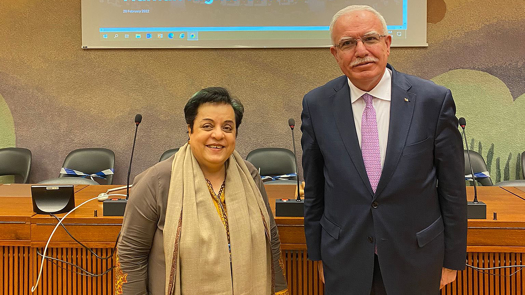 Pakistan's Human Rights Minister, Shireen Mazari, left, and Palestinian Foreign Minister at the UN Office in Geneva, Switzerland, on March 1, 2022. (Photo courtesy: @mohrpakistan/Twitter)