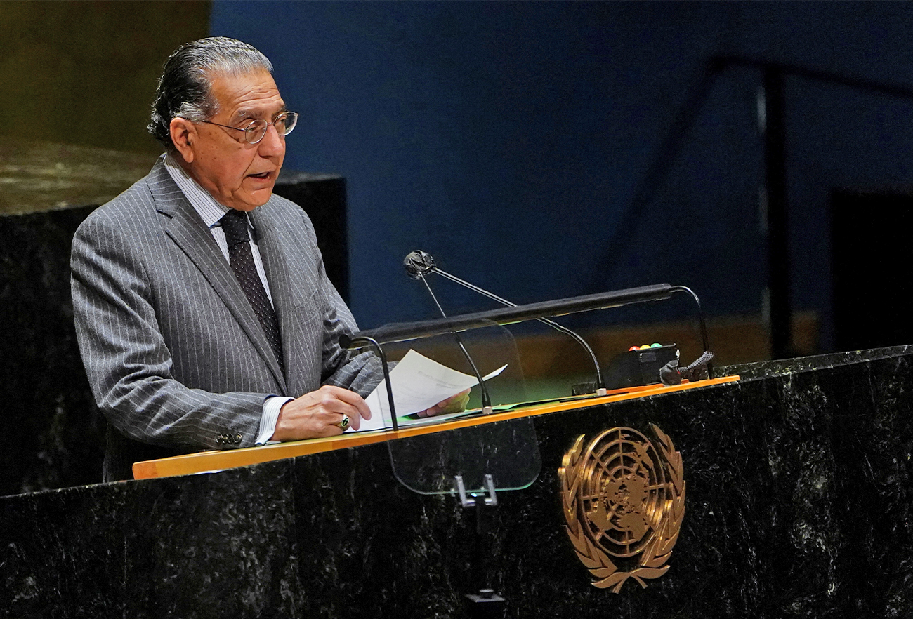 Pakistan's Ambassador to the UN Munir Akram speaks at the 11th emergency special session of the 193-member U.N. General Assembly on Russia's invasion of Ukraine, at the UN Headquarters in New York City, U.S., on March 2, 2022. (REUTERS)