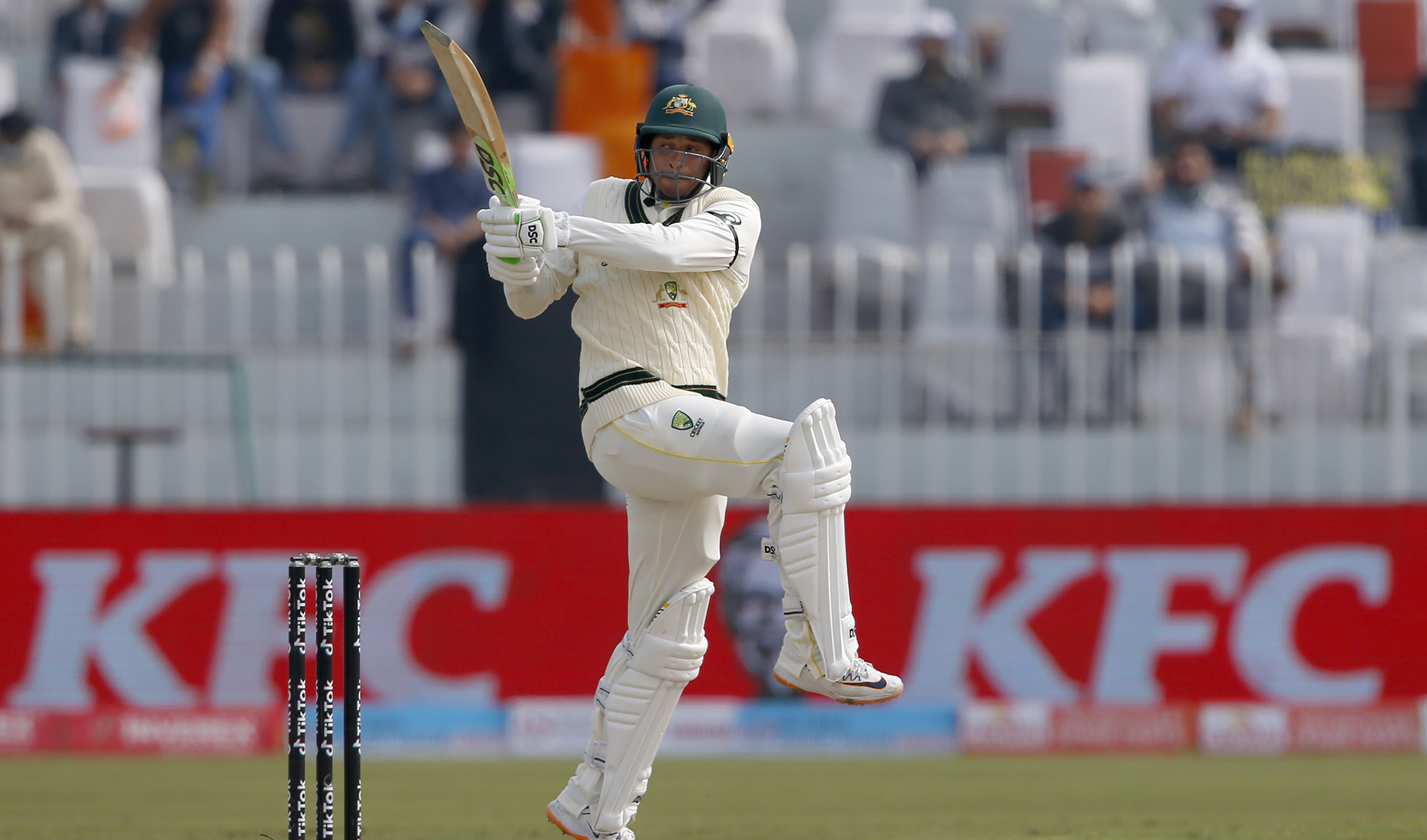 Australia's Usman Khawaja bats during the 3rd day of the first cricket test match between Pakistan and Australia at the Pindi Stadium, in Rawalpindi, Pakistan on March 6, 2022. (AP)