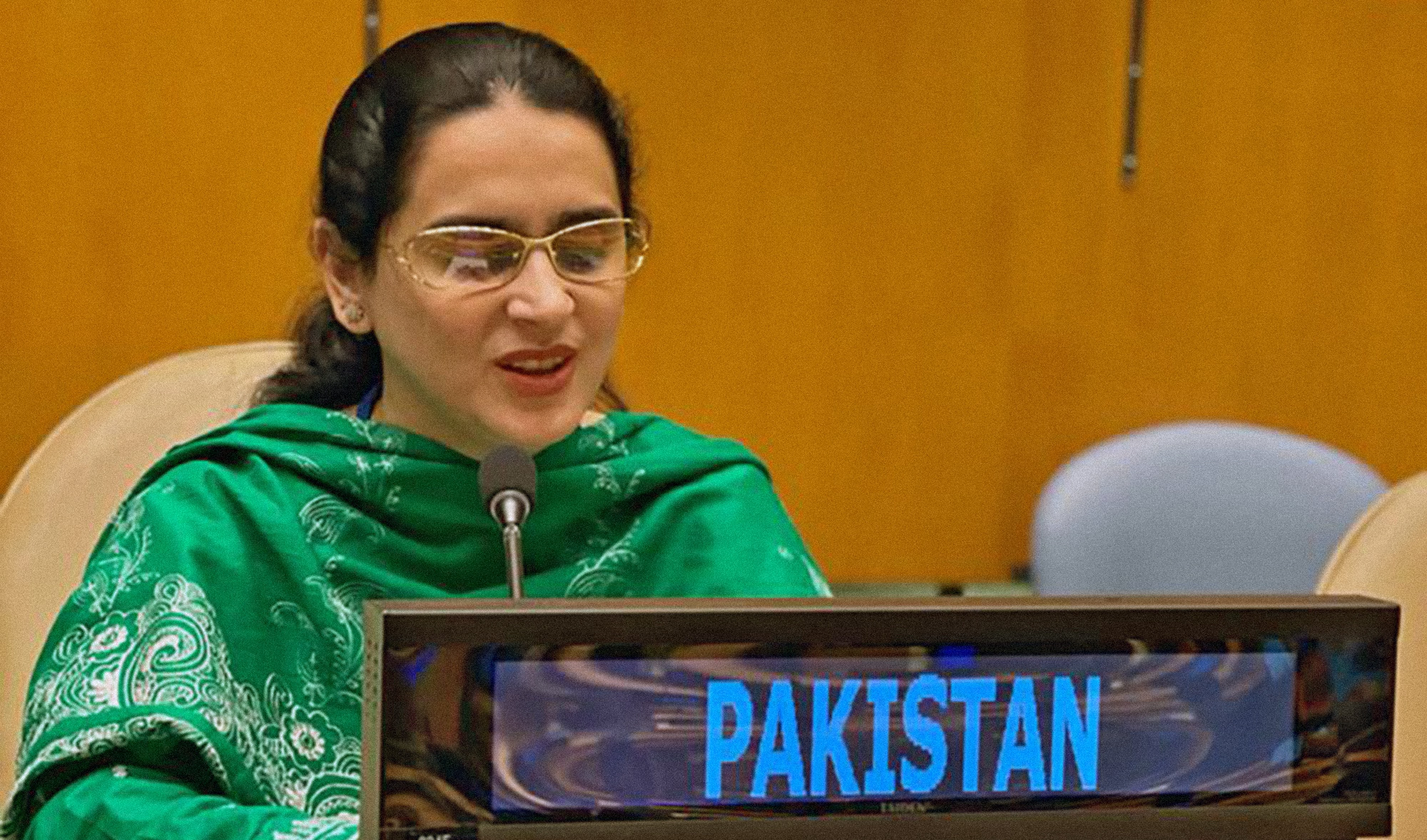 In this file photo, Saima Saleem, counsellor at the Permanent Mission of Pakistan to the United Nations, speaks during a United Nations General Assembly (UNGA) session in New York on September 25, 2021. (Photo courtesy: @PakistanPR_UN/Twitter)