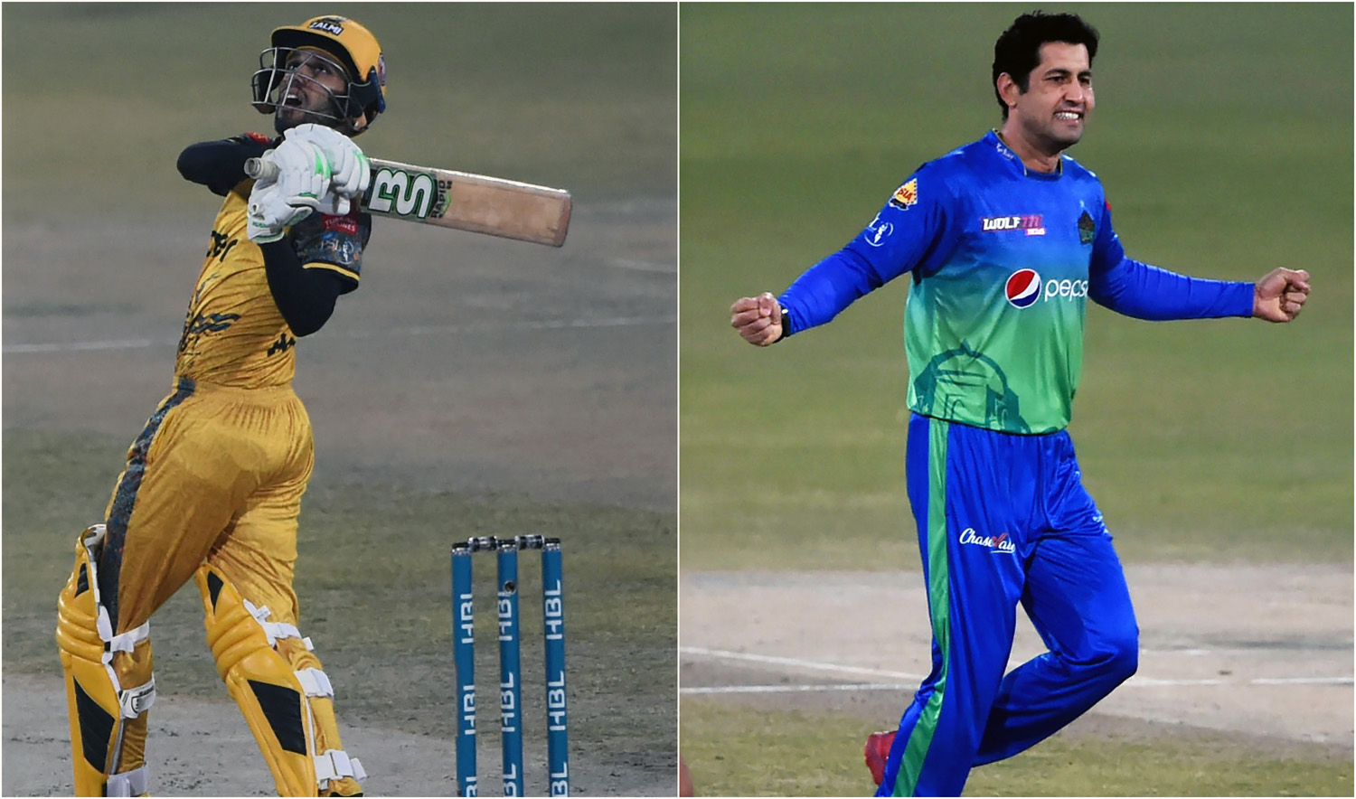 The combination shows Pakistani cricketers Mohammad Haris, left, and Asif Afridi playing at the Pakistan Super League in February 2022. (AFP/File)