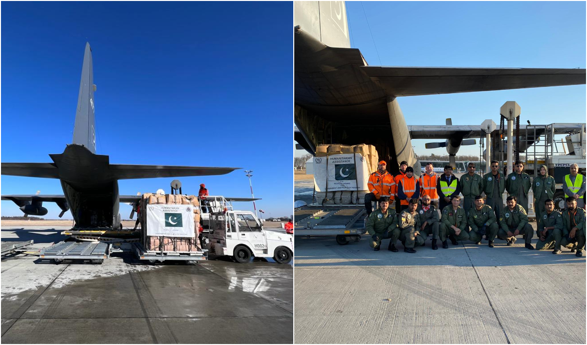 Pakistan Air Force aircraft carrying humanitarian assistance for Ukraine from Pakistan arrives at Lublin Airport, Poland, on March 17, 2022. (Photo courtesy: @PakinPoland_/Twitter)