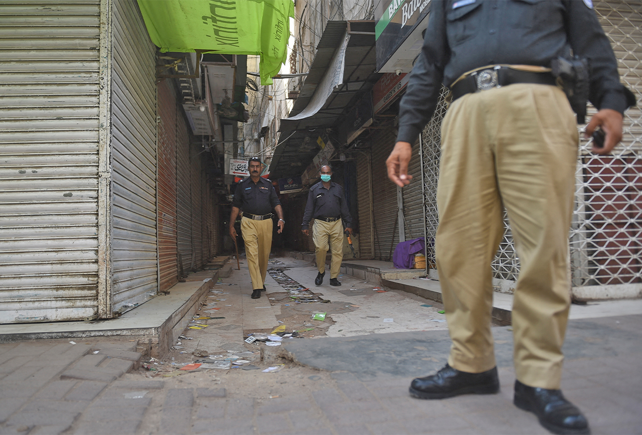 Policemen patrol Karachi, Pakistan, on June 4, 2021. (AFP/File)