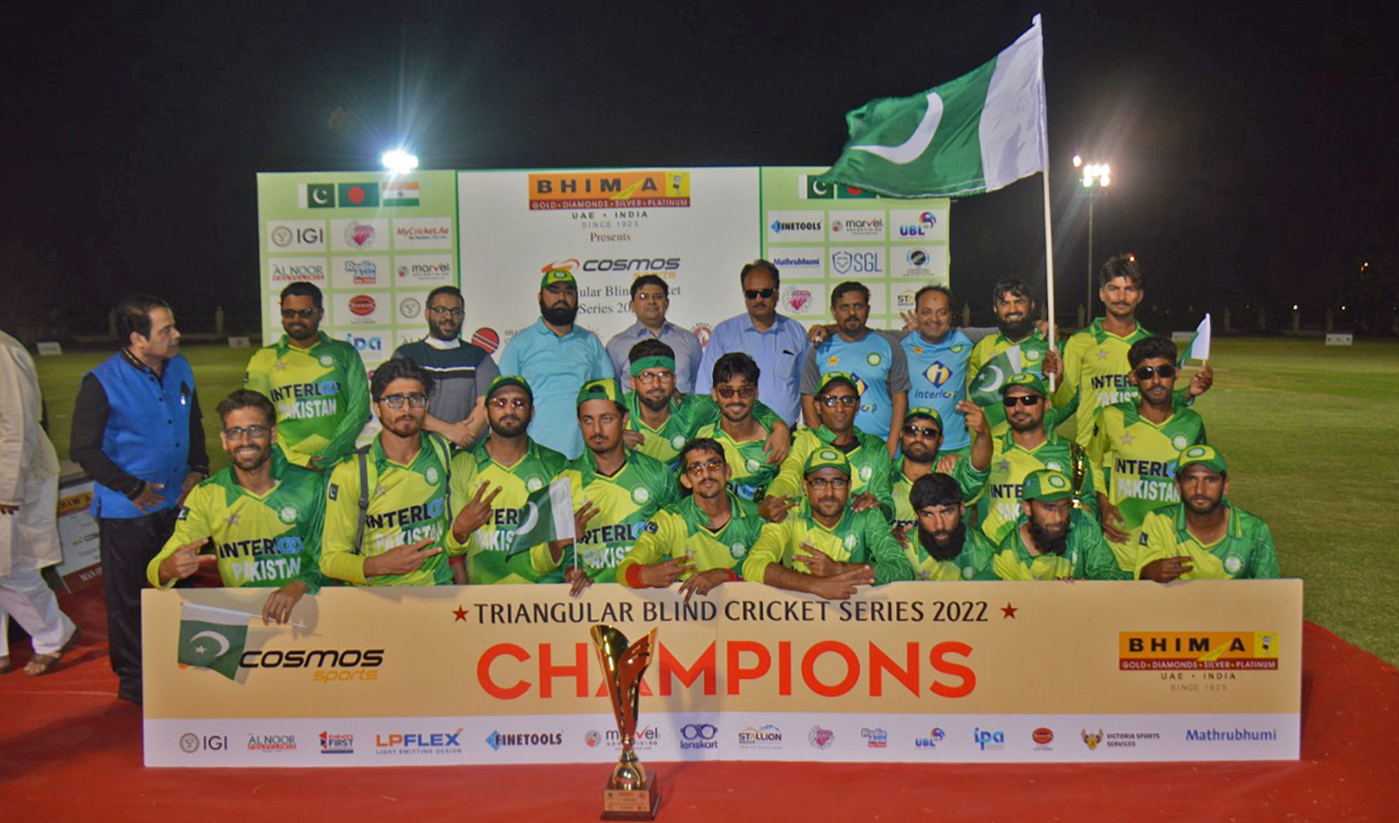 Pakistan's blind cricket team poses for a photo after defeating India in the final of a Triangular Blind Cricket T20 Tournament in Sharjah, UAE, on March 19, 2022. (Photo courtesy: @pbcc.official/Facebook)