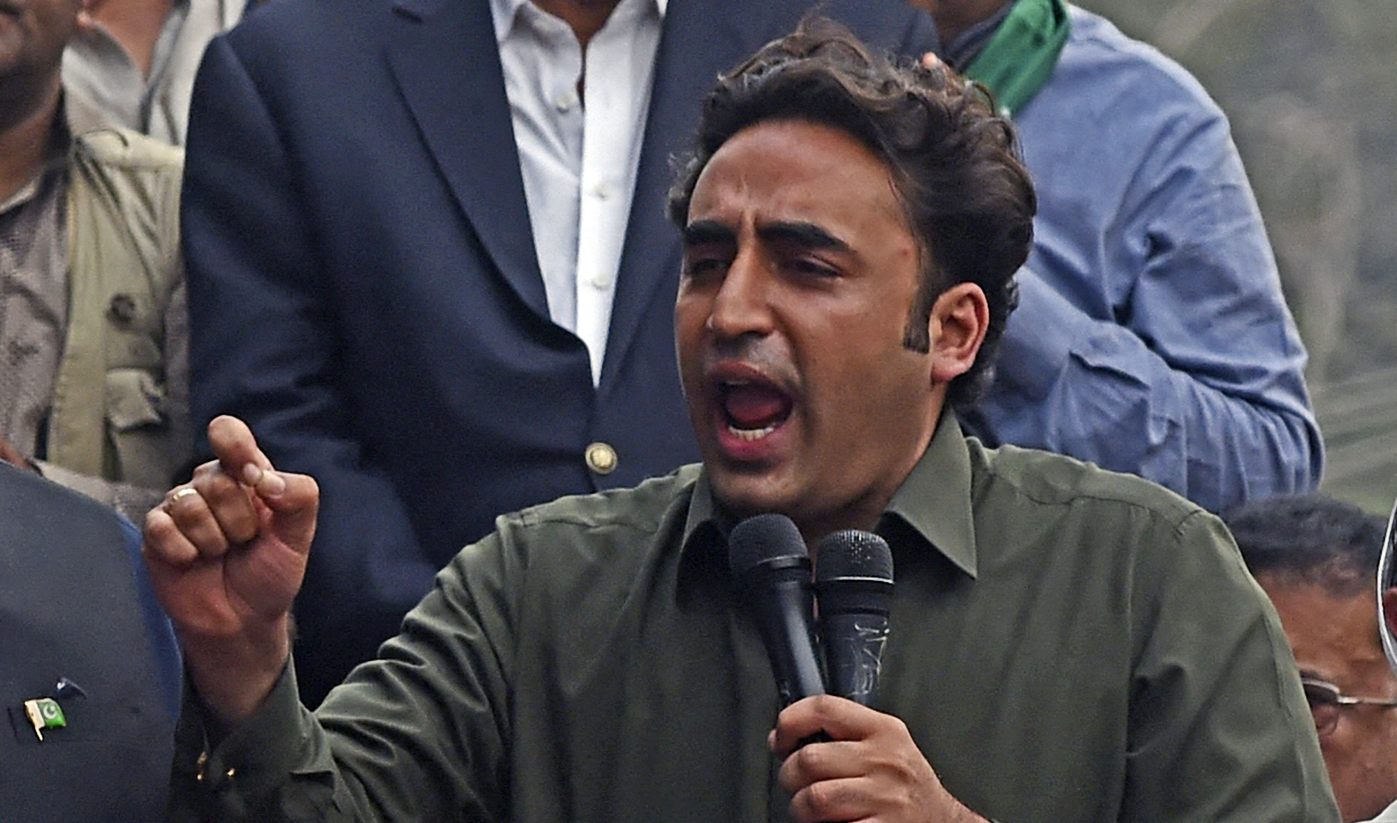 Chairman of the Pakistan Peoples Party (PPP) Bilawal Bhutto Zardari speaks during an anti-government march on his arrival in Lahore on March 6, 2022. (AFP/File)
