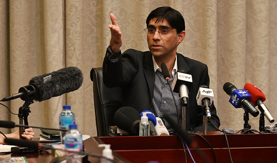 Pakistan's national security advisor Moeed Yusuf gestures as he speaks to members of the media in Islamabad on September 15, 2021. (AFP/FILE)