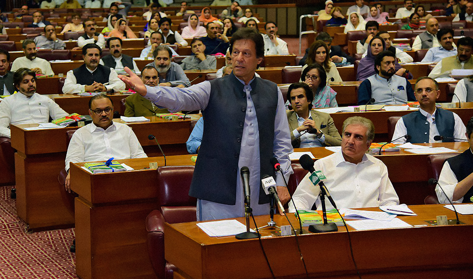 Prime Minister Imran Khan, center, addresses the National Assembly of Pakistan in Islamabad on June 29, 2019. (Photo courtesy: @NAofPakistan/Twitter/File)