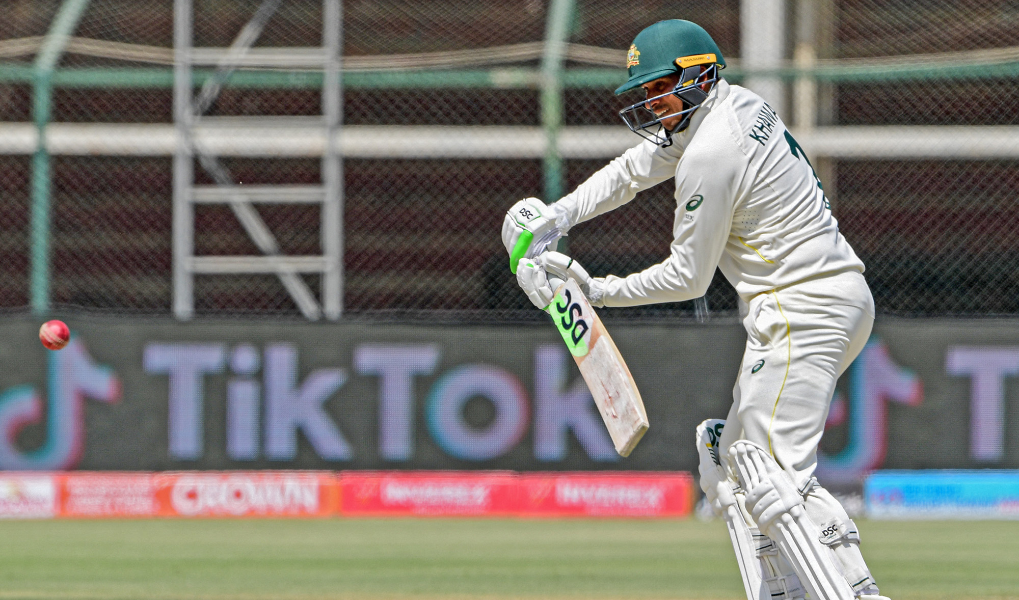 Australia's Usman Khawaja plays a shot during the second day of the second Test cricket match between Pakistan and Australia at the National Cricket Stadium in Karachi on March 13, 2022. (AFP/File)