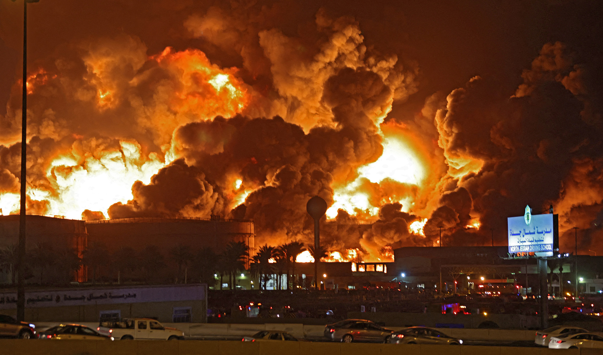 A view of a fire at Saudi Aramco's petroleum storage facility, after an attack, in Jeddah, Saudi Arabia on March 25, 2022. (REUTERS)