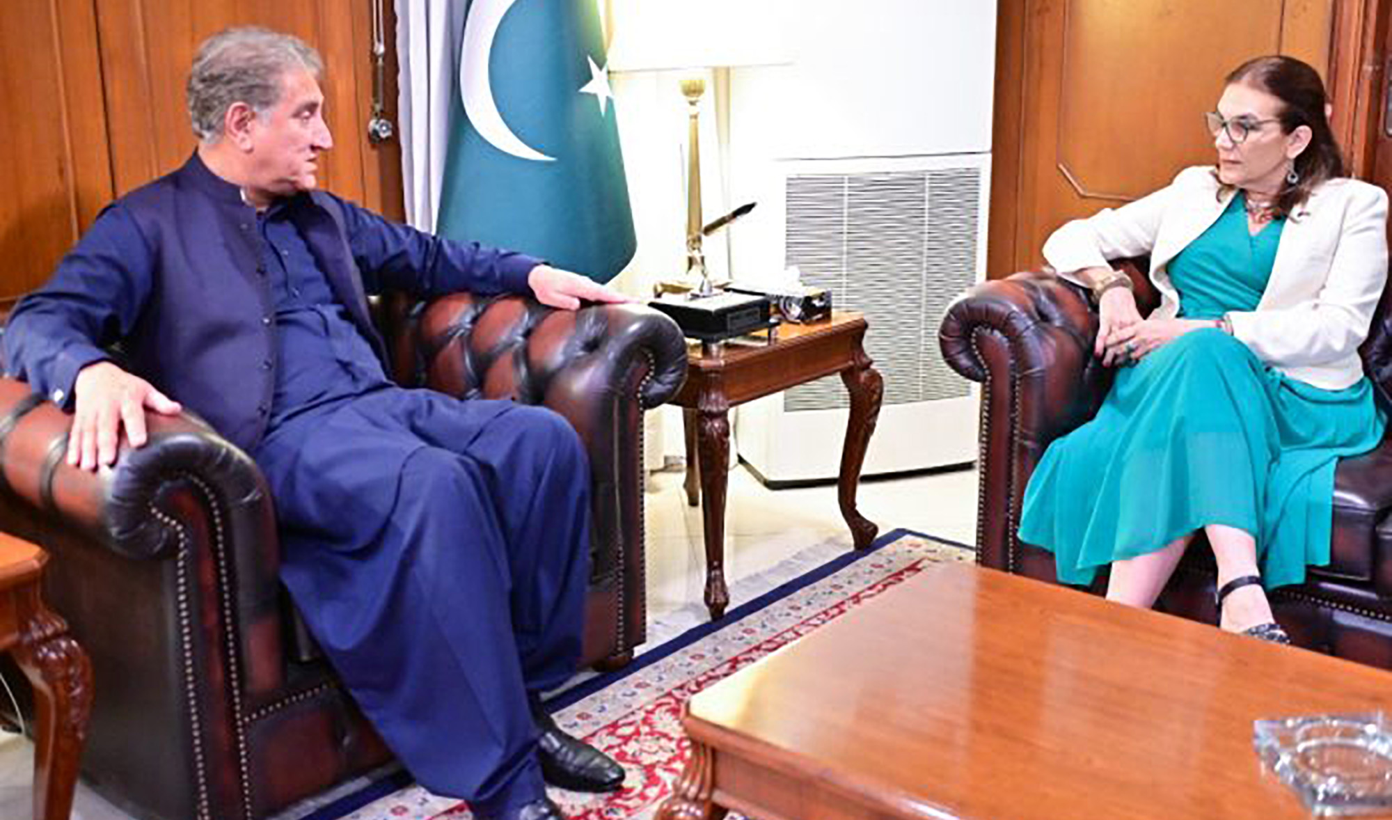 EU ambassador to Pakistan Androulla Kaminara, right, calls on Foreign Minister Shah Mahmood Qureshi at his office in Islamabad on March 27, 2022. (Photo courtesy: @EUPakistan/Twitter)