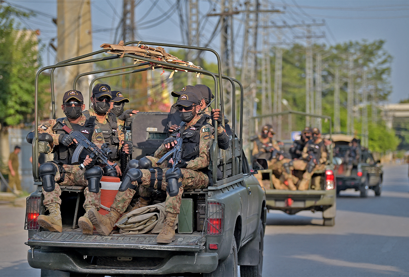 Pakistan's army commandos depart in their vehicles in Rawalpindi, Pakistan, on September 13, 2021. (AFP/File)