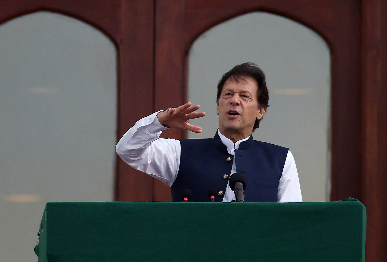 Pakistan's Prime Minister Imran Khan addresses the nation outside the Prime Minister Secretariat building in Islamabad, Pakistan, on August 30, 2019. (AFP/File)