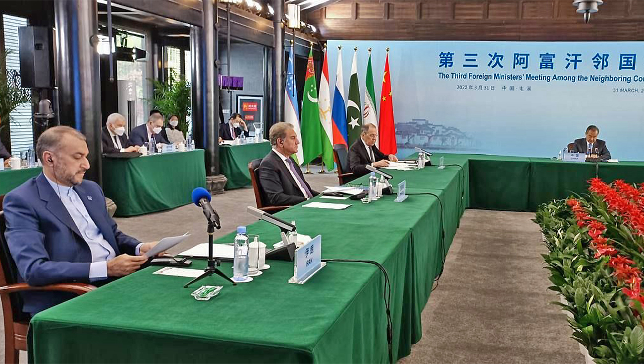 Pakistan's foreign minister Shah Mahmood Qureshi (2L) attend a meeting with Iranian, Chinese and Russian counterparts in Tunxi, China, on March 30, 2022. (@SMQureshiPTI/Twitter)