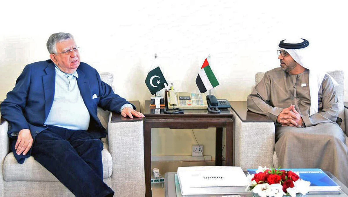 UAE's Ambassador to Pakistan Hamad Obaid Al-Zaabi, right, calls on Pakistan's Finance Minister Shaukat Tarin in Islamabad on March 1, 2022. (Photo courtesy: @UAEembassyIsb/Twitter)