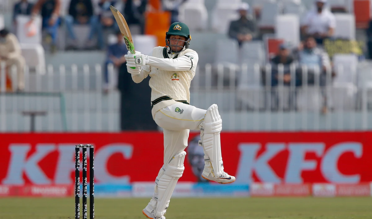 Australia's Usman Khawaja bats during the 3rd day of the first cricket test match between Pakistan and Australia at the Pindi Stadium, in Rawalpindi, Pakistan on March 6, 2022. (AP)