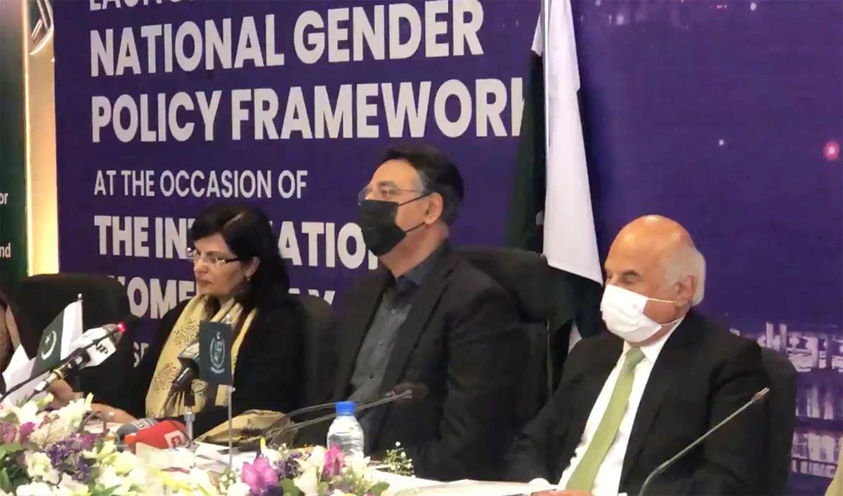 Pakistan's planning minister Asad Umar, center, speaks at the launch of National gender policy framework in Islamabad on March 8, 2022. (Photo courtesy: @PlanComPakistan/Twitter)