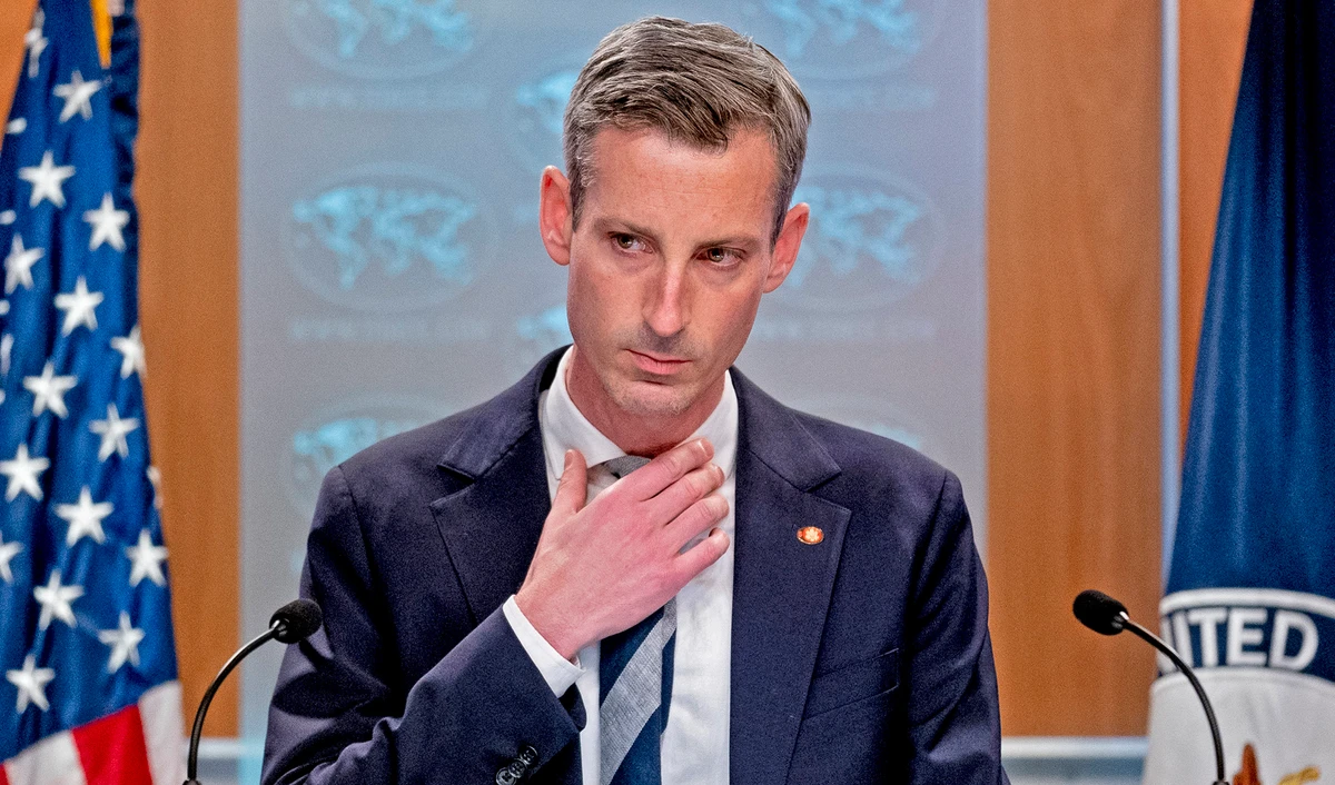 State Department spokesman Ned Price takes a question from a reporter during a news conference at the State Department in Washington, US, on February 28, 2022. (AFP/File)