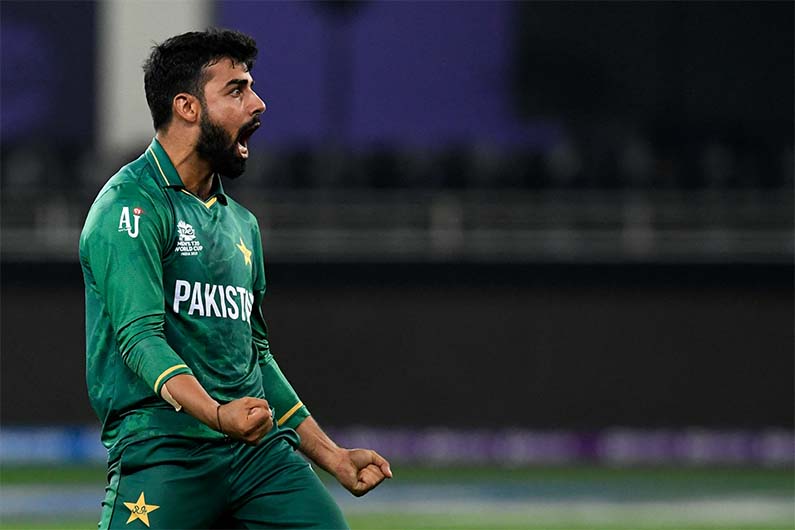 Pakistan's Shadab Khan celebrates after taking the wicket of Australia's David Warner (not pictured) during the ICC men’s Twenty20 World Cup semi-final match in Dubai on November 11, 2021. (AFP/FILE)
