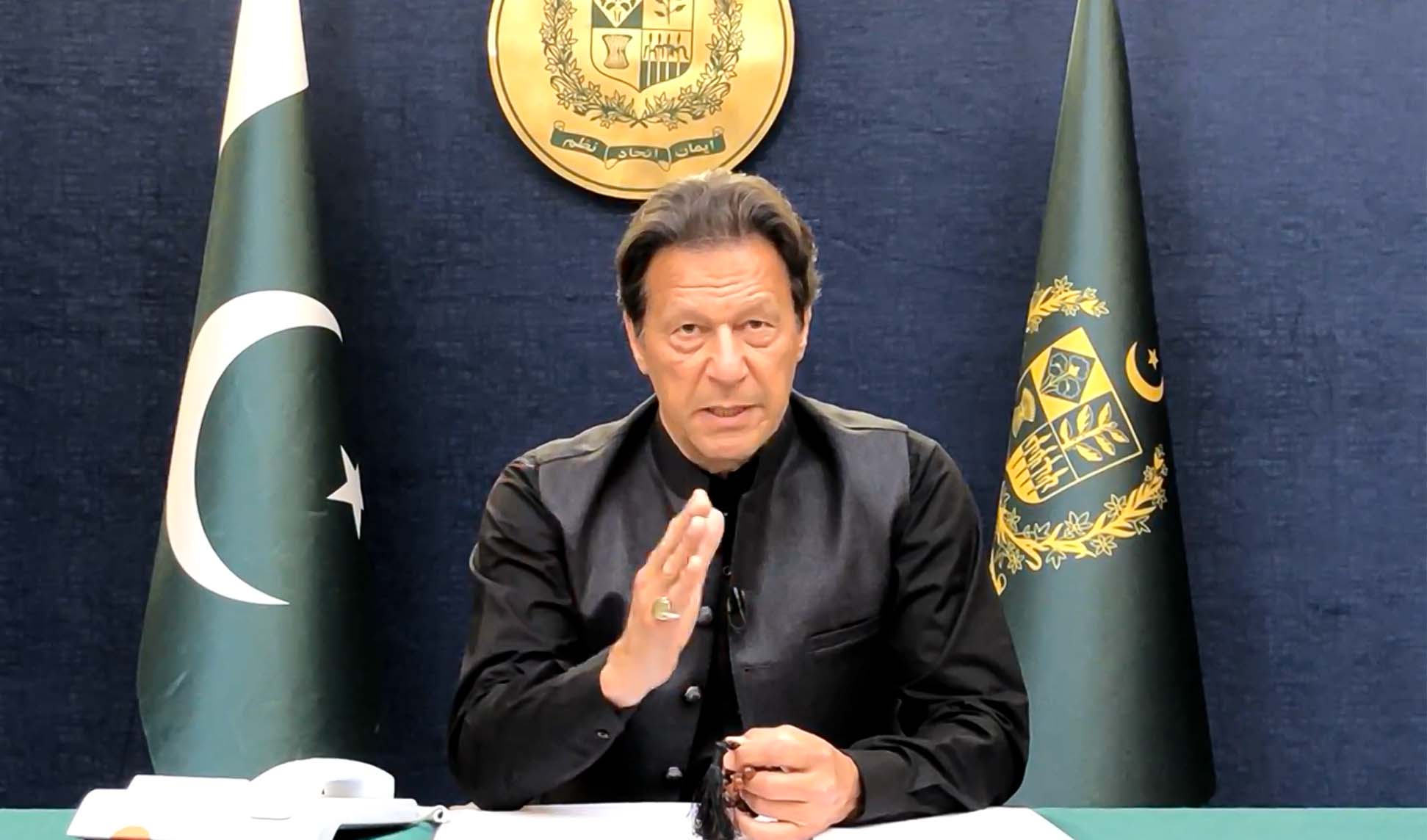 Pakistan Prime Minister Imran Khan speaks during a televised address to the nation on April 2, 2022. (Photo courtesy: @ImranKhanOfficial/Facebook)