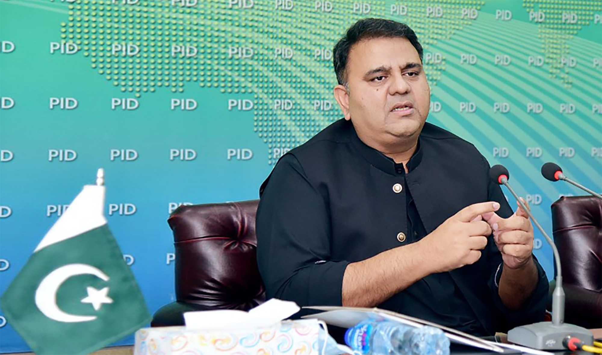 Pakistan's information minister Fawad Chaudhry, who was recently given the charge of the law ministry, addressing a press conference in Islamabad, Pakistan on September 19, 2021. (PID/File)