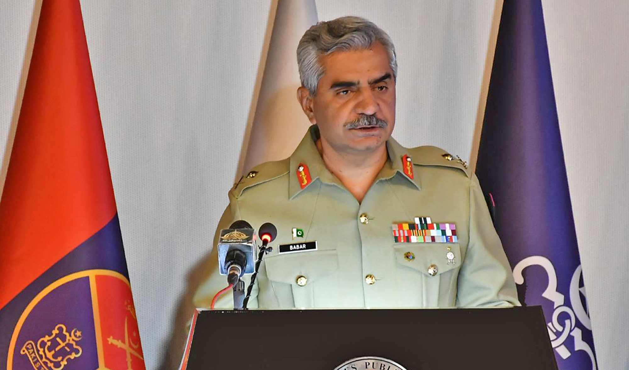 Pakistan’s military spokesperson Major General Babar Iftikhar is addressing journalists during a press briefing in Islamabad, Pakistan, on March 10, 2022. (ISPR)