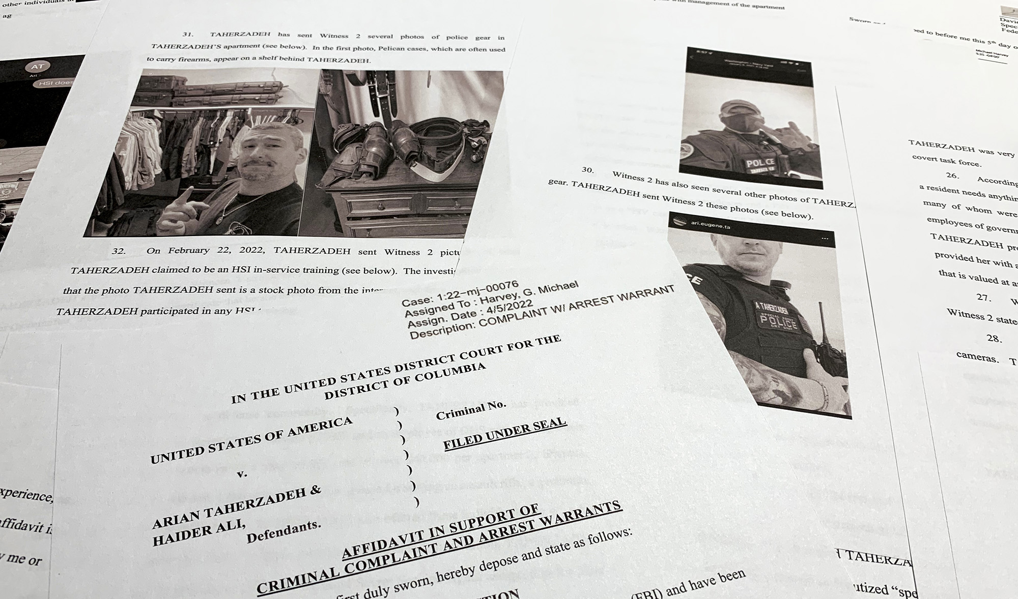 This photograph taken on April 6, 2022 shows the affidavit to support the arrest of Arian Taherzadeh and Haider Ali on charges of posing as US federal agents. (AP)