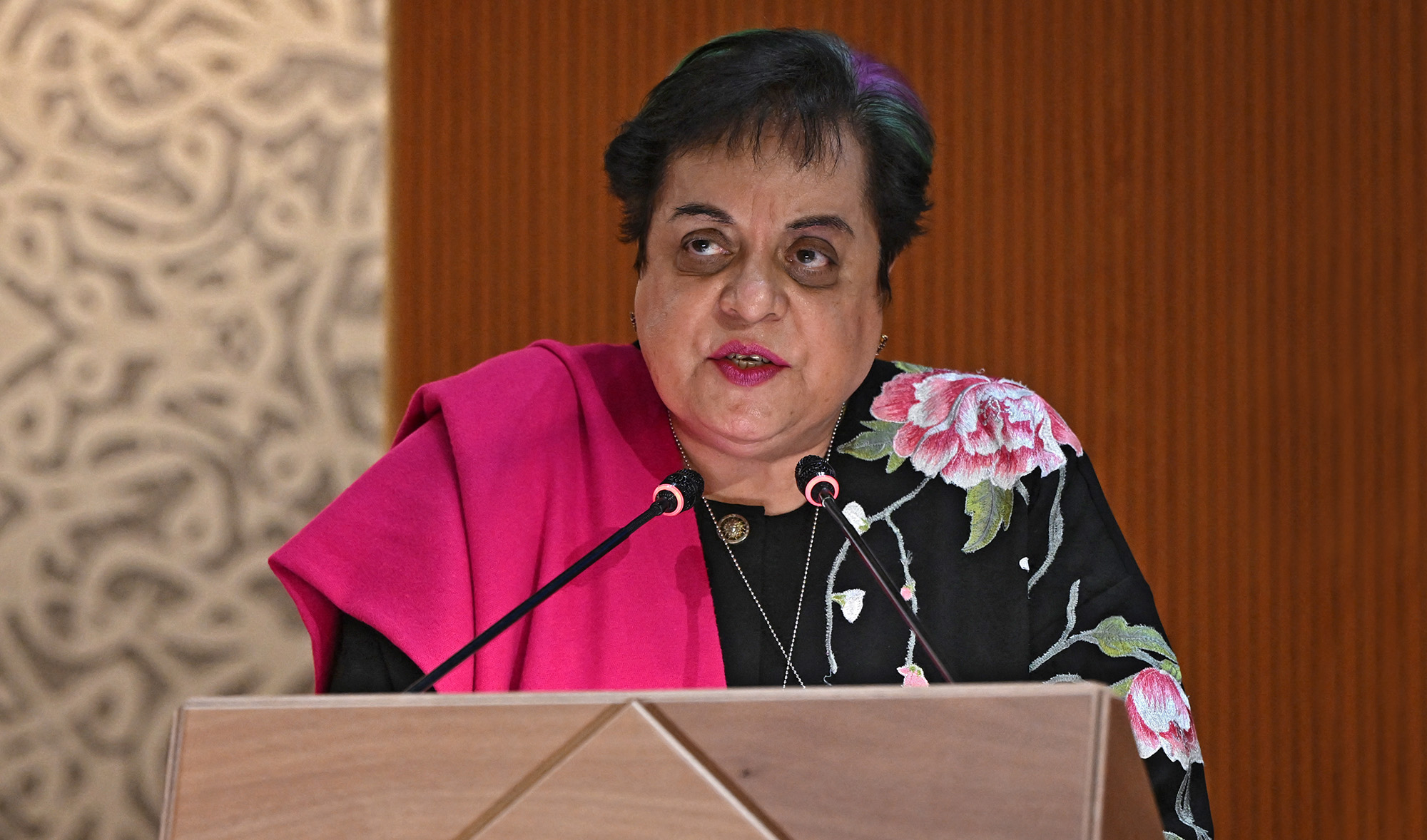 Minister for Human Rights of Pakistan Shireen Mazari delivers a speech during a session of the UN Human Rights Council in Geneva on February 28, 2022. (AFP/File)