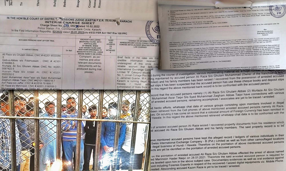A collage of photos shows suspects arrested in a money laundering case in January 2022 and parts of a charge sheet against them dated Feb. 10, 2022 and submitted by the Federal Investigation Agency to a court in Karachi, Pakistan. (FIA)