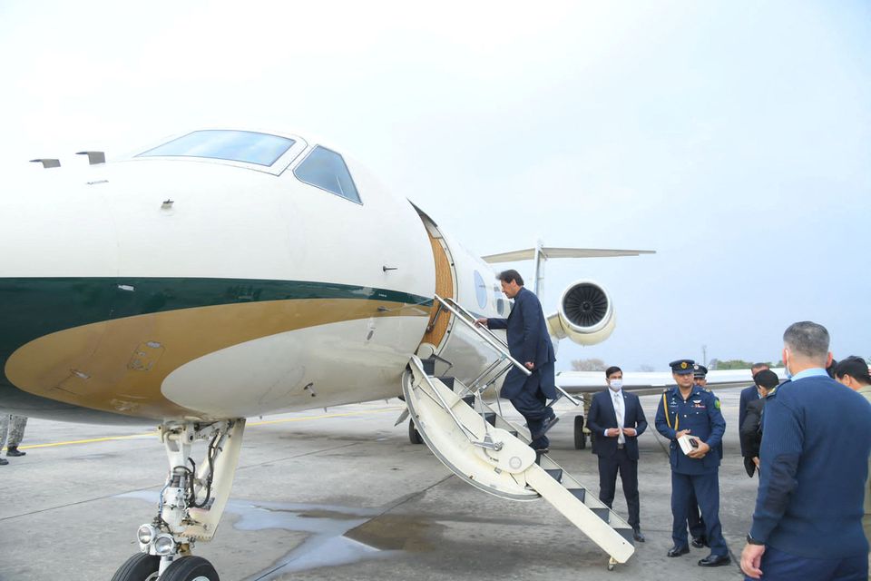 Pakistan's Prime Minister Imran Khan boards a plane before his departure to Moscow, for his two day visit to Russia, at an airbase in Islamabad, Pakistan on February 23, 2022. (REUTERS/File)