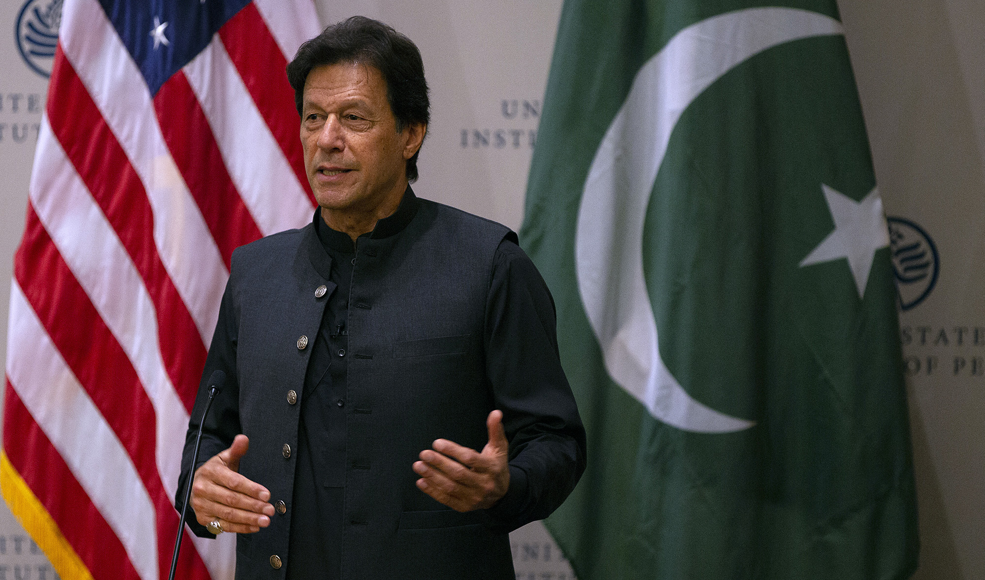 Pakistan's former Prime Minister Imran Khan speaks at the United States Institute of Peace (USIP) in Washington DC, on July 23, 2019. (AFP/File)