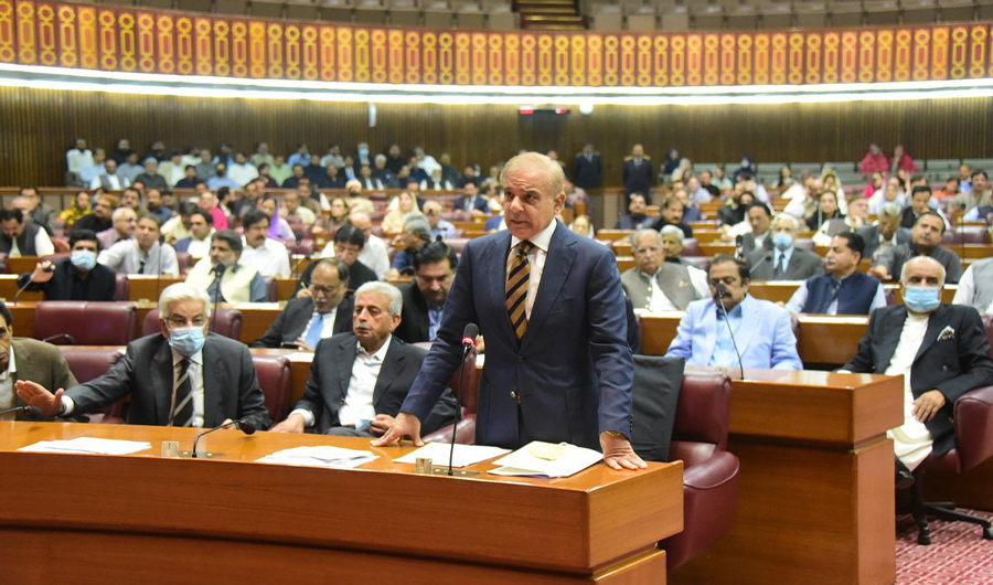 Pakistan Muslim League Nawaz leader Shahbaz Sharif (R) addressing the national assembly in Islamabad on April 9, 2022. (Photo courtesy: @NAofPakistan/Twitter)